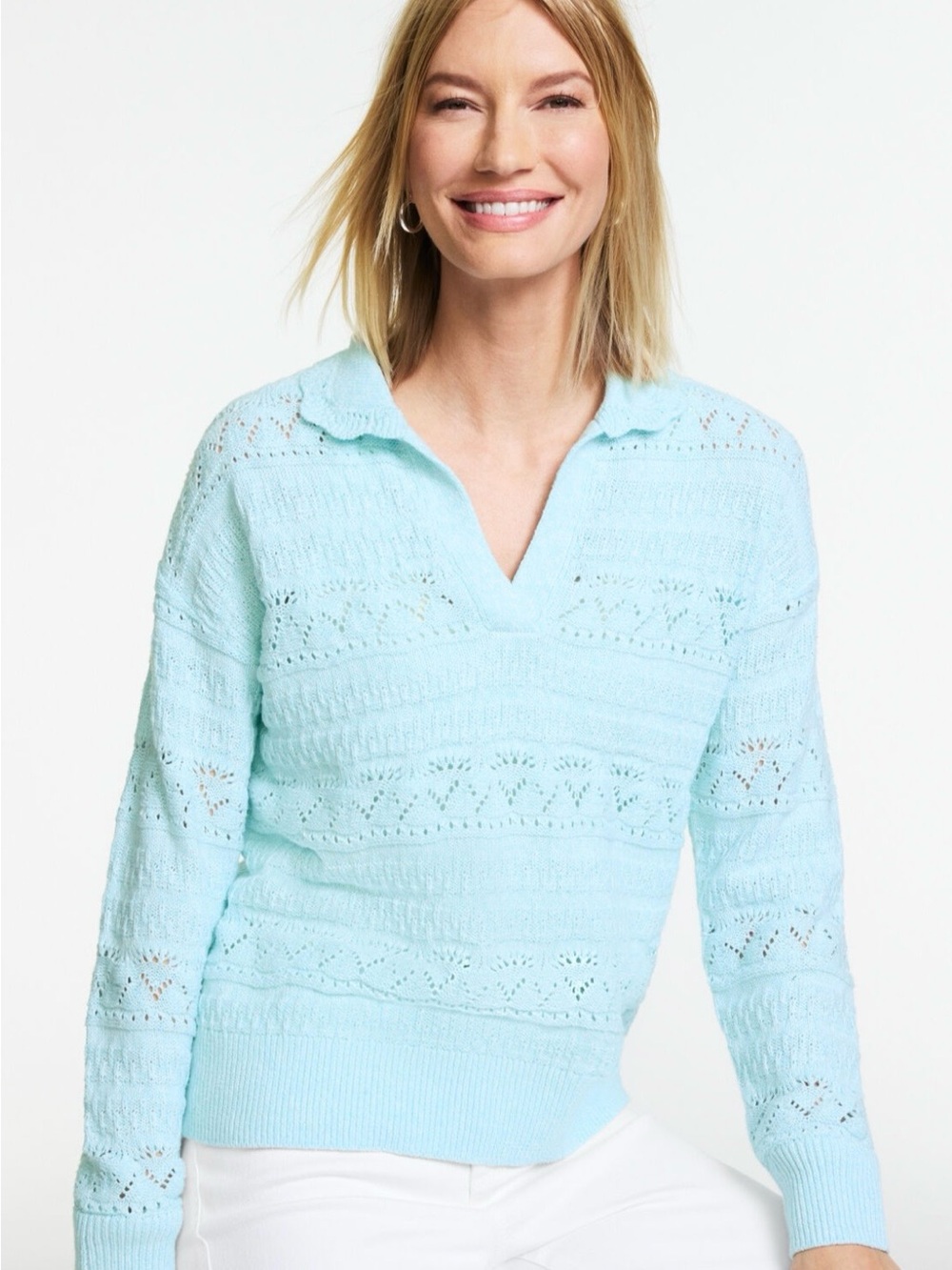Talbots Pointelle Johnny Collar Sweater Marl New Size Medium Pullover NWT